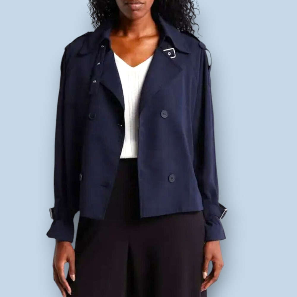 Adrianna Papell Womens Jacket Sz M‎ Navy Blue Cropped Trench Coat Epaulet Tabs